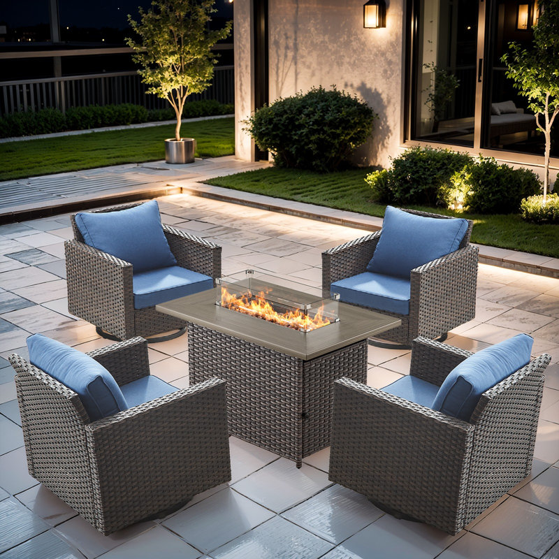 Kreda 4 - Person Outdoor Seating Group With Fire Pit With Swivel Glide Chair And Cushions, Blue