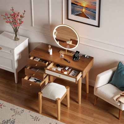 Ensemble de coiffeuse de maquillage de style bohème avec 4 tiroirs, prise de charge, port USB et tabouret