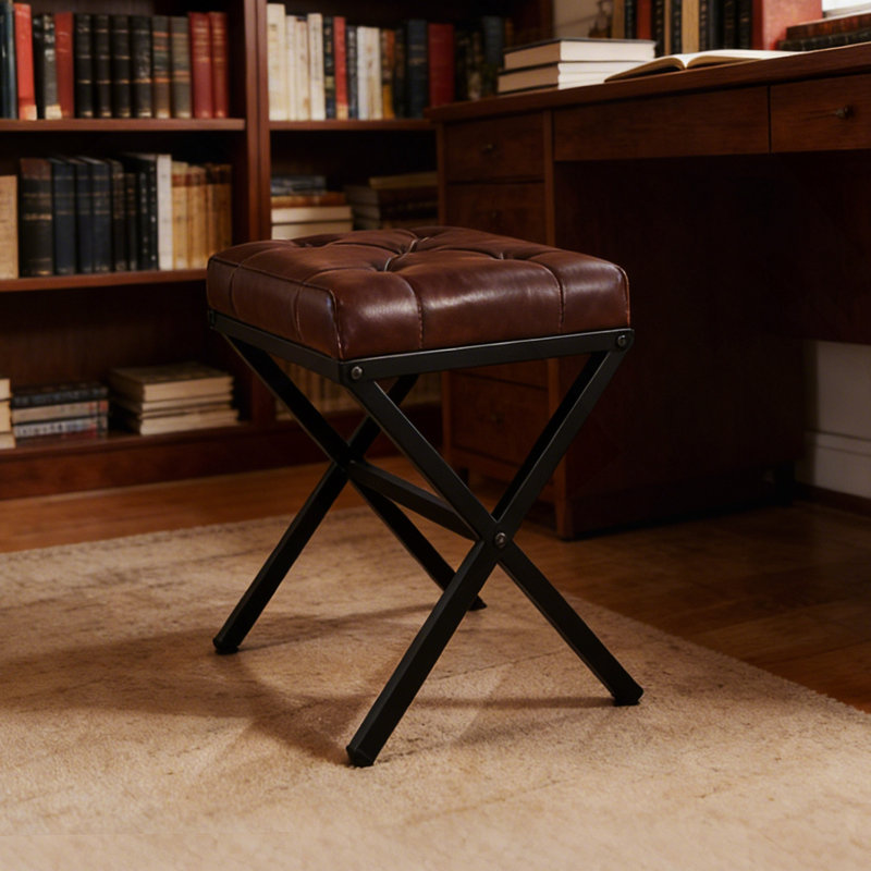 Stool/Chair,1Pcs,BROWN Leather,Metal Leg,40.5X33.5X44.5Cm, Dark Brown