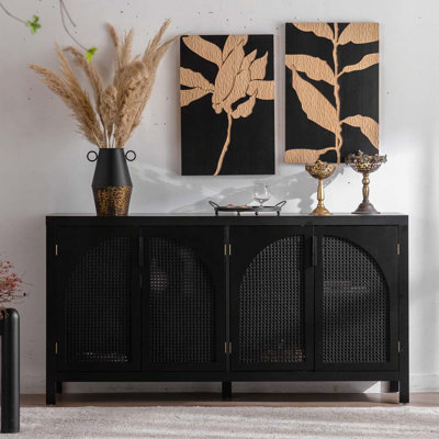 Armoire de rangement 4 portes avec porte en rotin artificiel