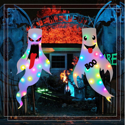 Halloween Light-Up Hanging Ghost Set (2 Pcs) - 47.2X23.6In, Colorful LED, Stable Hoop Design, Indoor Outdoor Porch Tree Halloween Decor