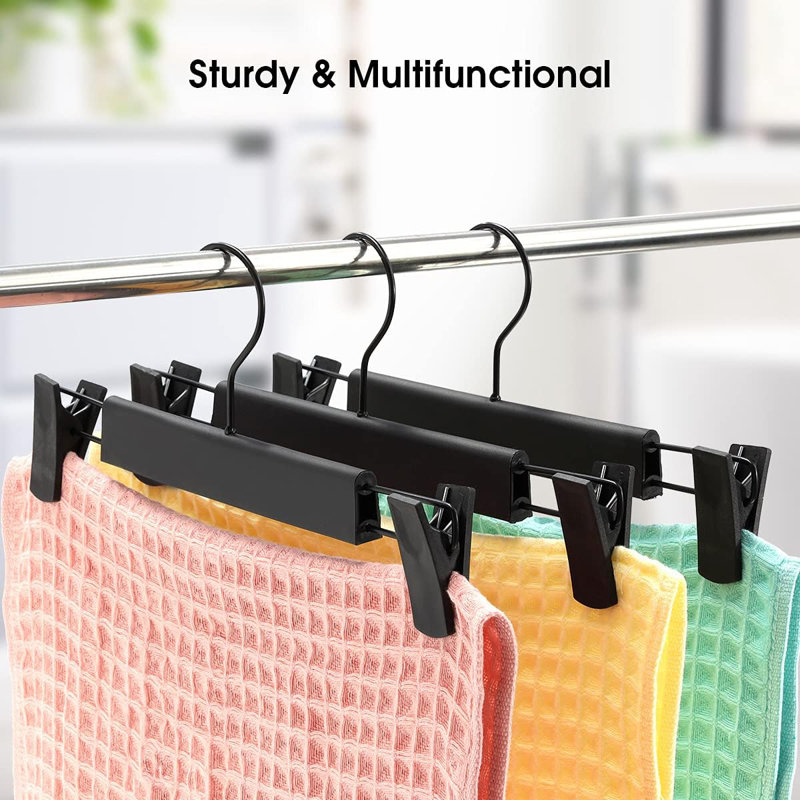 Paquet de 10 cintres pour pantalons à vêtements, porte-jupes peu encombrants avec crochets pivotants à 360 °, pinces réglables, vêtement pour pantalons, noir