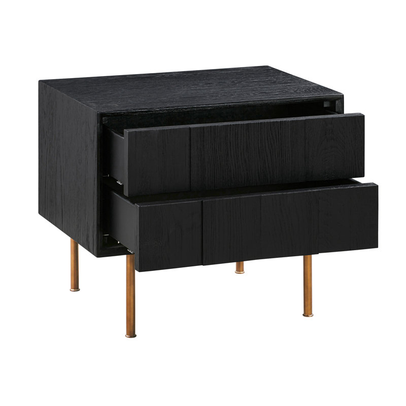 Table de chevet 2 tiroirs Carnaby en chêne brossé noir et bronze