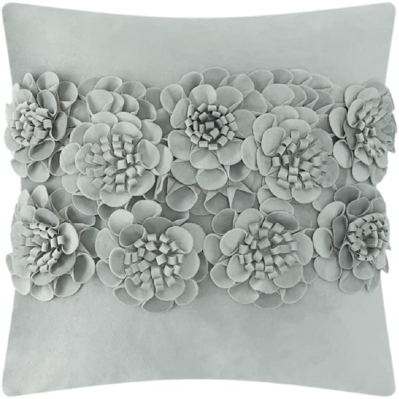  3D Flower Throw Pillow Cover Handmade Appliqued Accent Pillow Case Bed Cushion Cover, Light Gray