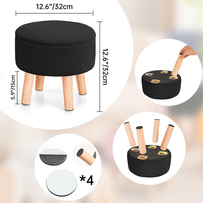 Ottoman With Storage, Storage Ottoman, Small Foot Stool Ottoman With Wood Legs, Teddy Velvet Foot Rest,Black, Black Teddy