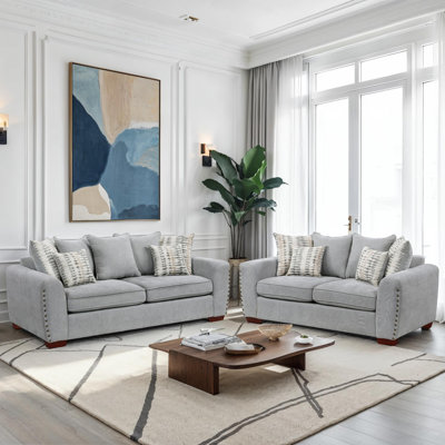 Langara Transitional Chenille 2-Piece Living Room Set with Elegant Nailhead Trim, Reversible Cushions & 13 Included Accent Pillows by Ebern Designs