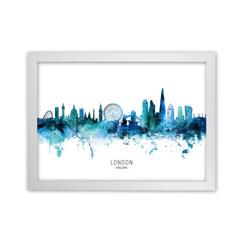 London England Skyline Blue City Name by Michael Tompsett - Print, 46cm H x 63cm W x 3cm D, White Framed