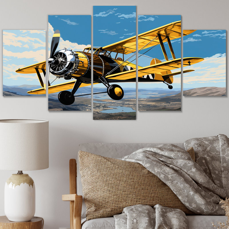 Avion jaune au-dessus du lac - Art mural sur toile transport - 5 panneaux