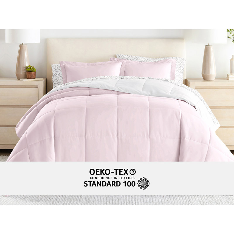 7-Piece Reversible Bedding Bundle - Solid Comforter and Patterned Sheet Set, Pink Floral, Full Comforter + 1 Additional Piece