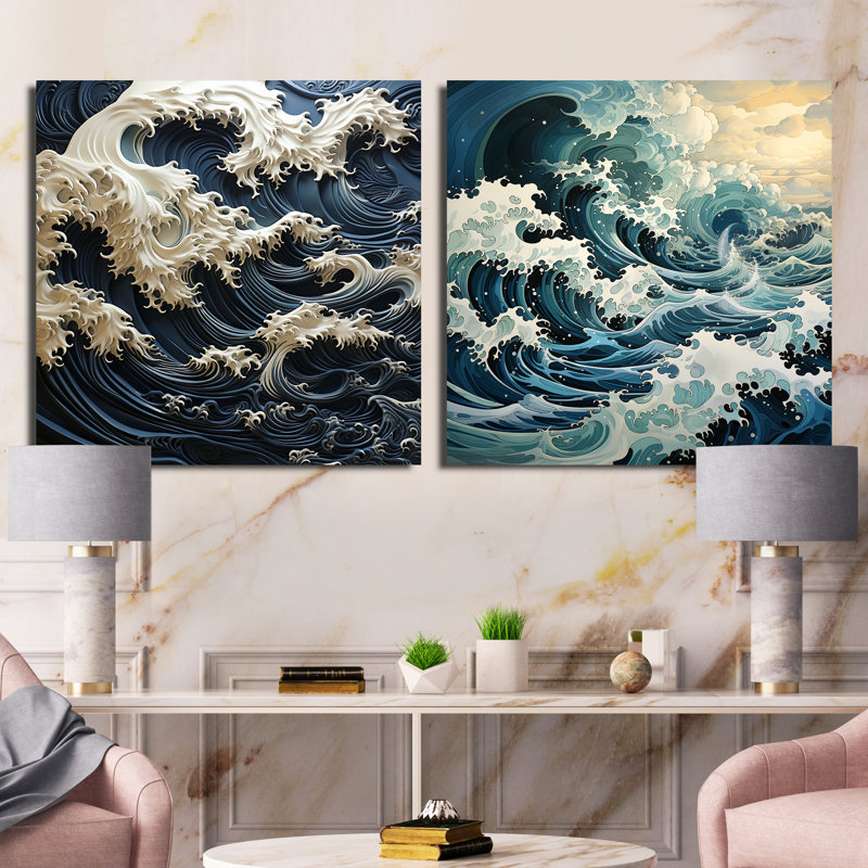 Abstrait bleu et blanc, tempête océanique - ensemble de 2 collages carrés côtiers, H 16 po x l 33 po, Toile tendue