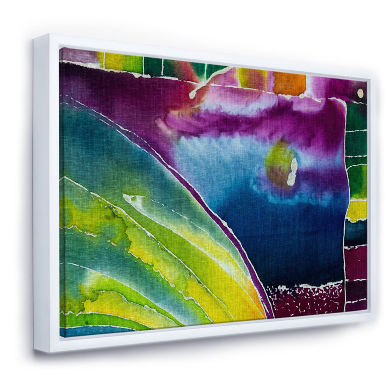 Impression de batik bleu, mauve et vert - reproduction d'art sur toile, H 30 po x l 40 po x P 1,5 po, Toile avec cadre blanc