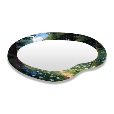 Green Forest Path White Blooming Flowers - Countryside Country Asymmetrical Decorative Wall Mirror