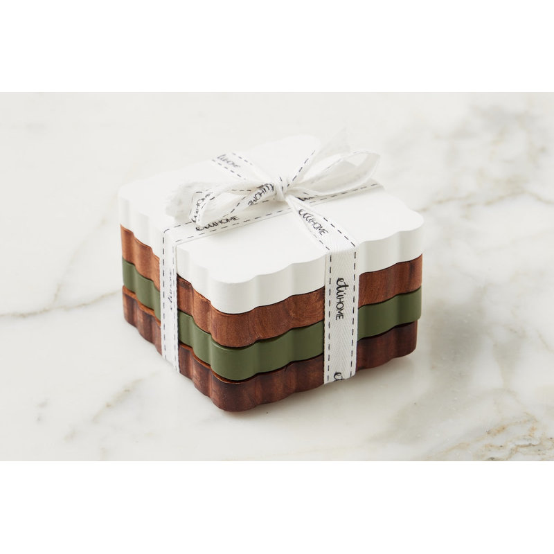 Scalloped Wood Coasters, Square, White/Brown/Green