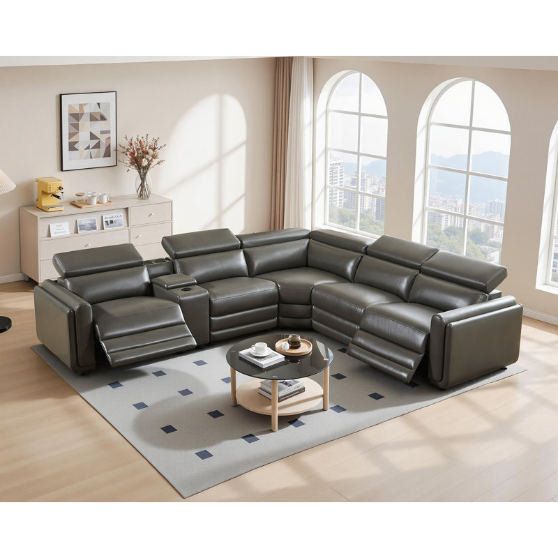 Oversized 5-seater Dual Power Reclining Sectional Sofa With Console/cup Holders, Bluetooth Speakers & Storage, Leathaire Upholstery, Dark Gray