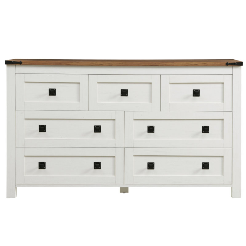 Addeline 54"W Farmhouse 7 - Drawers Dresser Organizer, Wood Rustic Wide Chest of Drawers, Antique White/Brown Oak