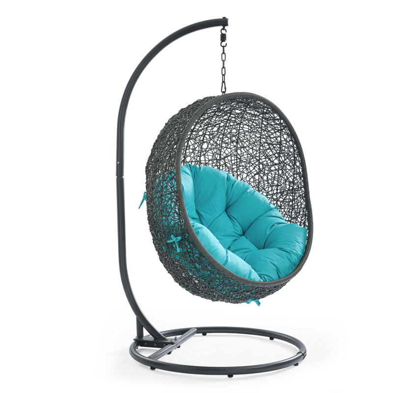 Gray and Turquoise Rattan Outdoor Patio Swing Chair with Stand