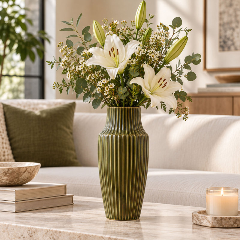 Vase à fleurs en céramique verte côtelée de 30 cm (12 pouces) pour la décoration intérieure et les centres de table