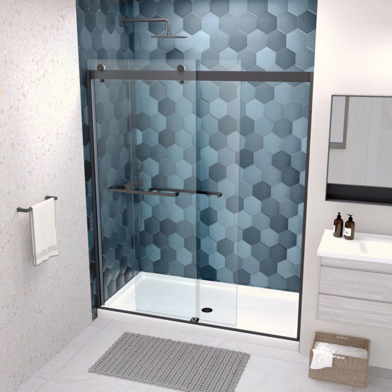 Porte de douche à dérivation, porte coulissante, système de fermeture en douceur, avec verre trempé de 5/16 po, Noir mat