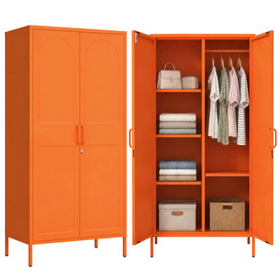 Orange Lockable Armoire Wardrobe Closet Storage Cabinet with Hanging Rod, 67" Metal Wardrobe Cabinet with 2 Doors and 3 Adjustable Shelves for Bedroom, Laundry Room, Cloak Room, Gym, Office