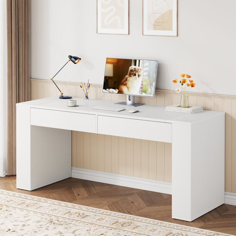 63-Inch Computer Desk With 2 Drawers, Cream White