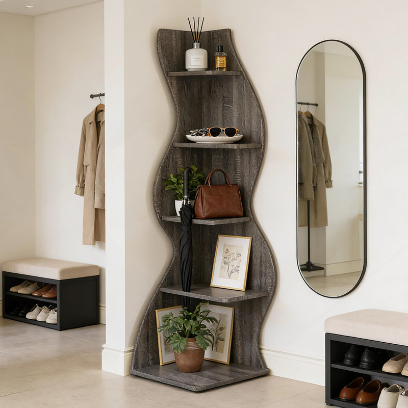 Élégante tablette d'angle à 5 niveaux avec des motifs d'herbe de mer, parfaite pour les espaces compacts et les solutions de rangement élégantes