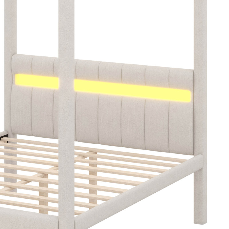 Lit plateforme à baldaquin grand avec lumières DEL et tête de lit tapissier, conception à baldaquin avec support à lattes