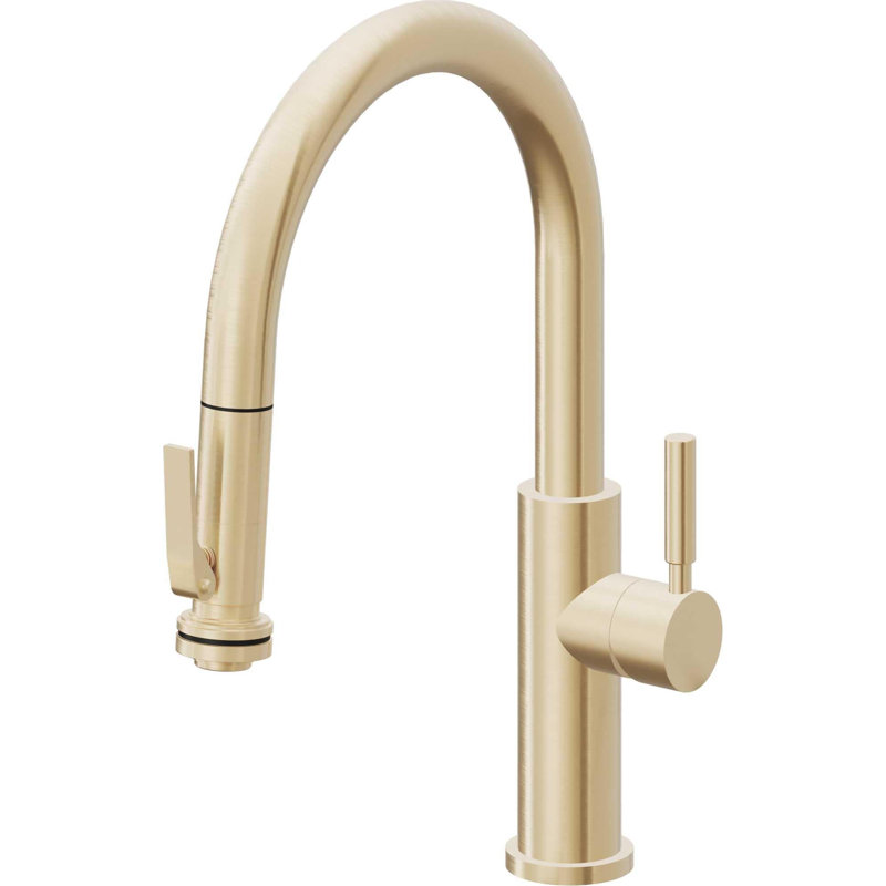 Corsano Contemporary Pull Down Kitchen Faucet with Squeeze Sprayer Low Spout and ST Series Handle, Satin Brass