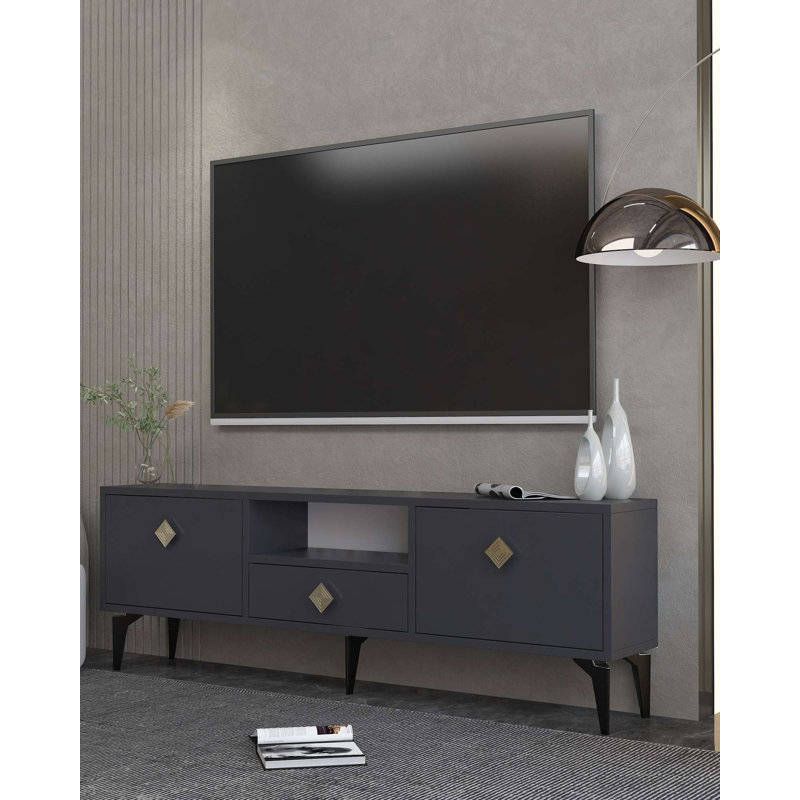 Modern TV Stand with Multiple Shelves, Anthracite & Gold Finish, 55.1 x 19.3 x 11.8 inches | 100% Melamine Coated Particle Board, Thickness: 0.7 inches | Stylish Storage Solution for Living Rooms & Entertainment Areas