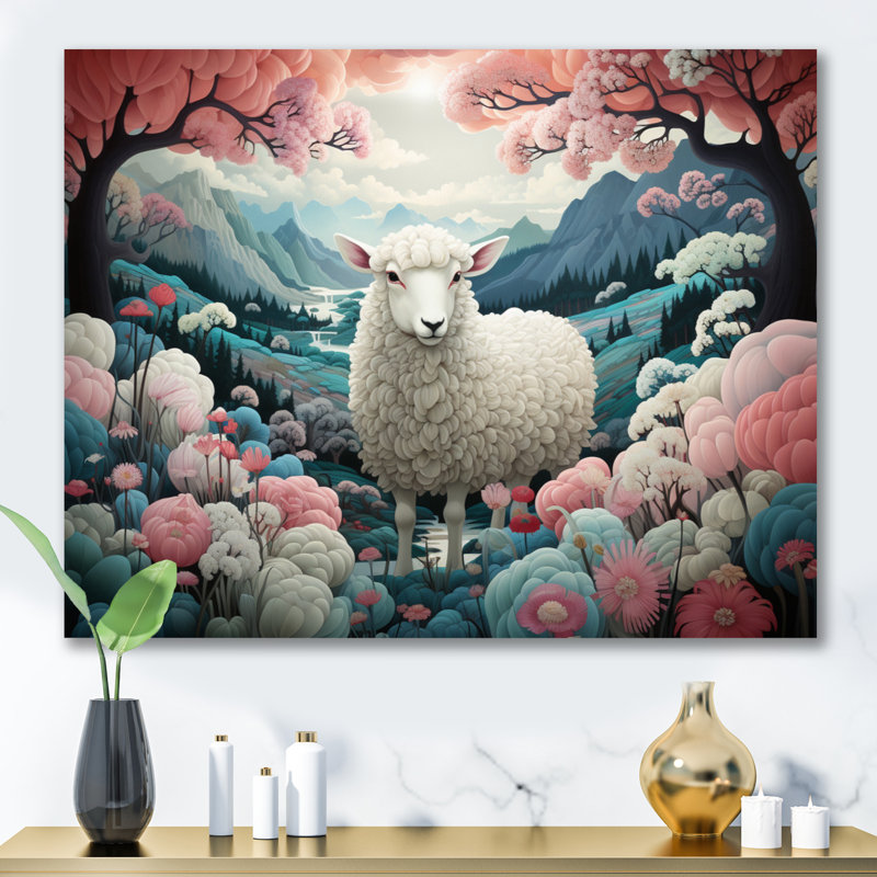 " Teal Surreal Sheepland I ", 16" H x 32" W x 1" D, Wrapped Canvas