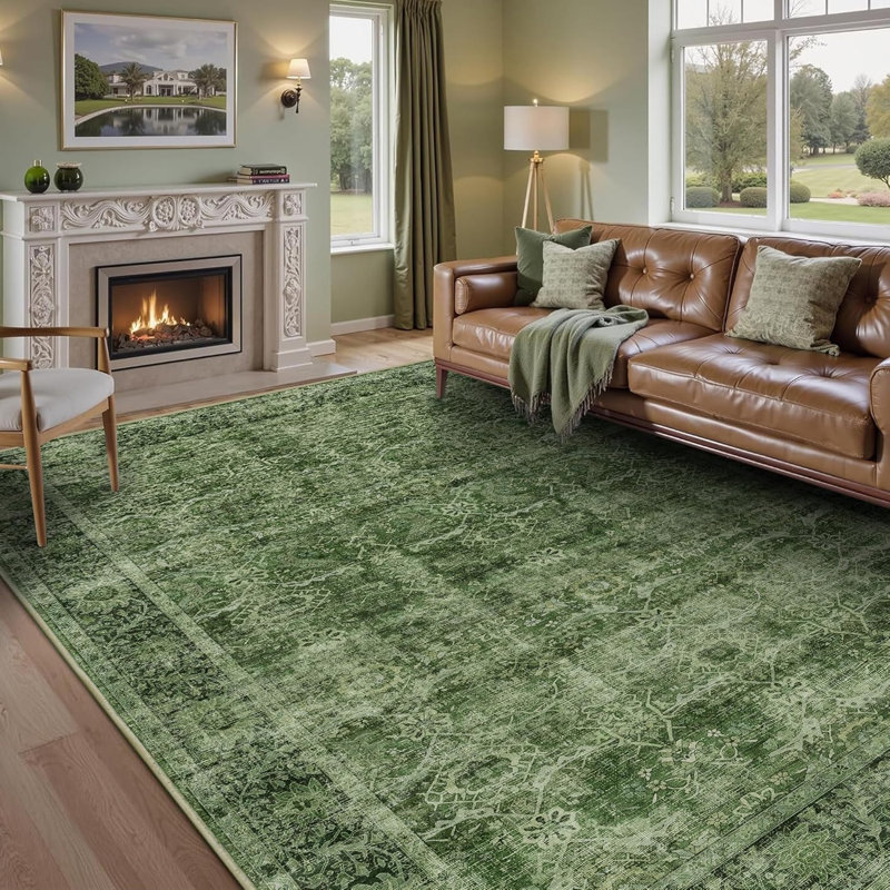 Tapis vert lavable pour salon, Rectangle 10'x14', Green