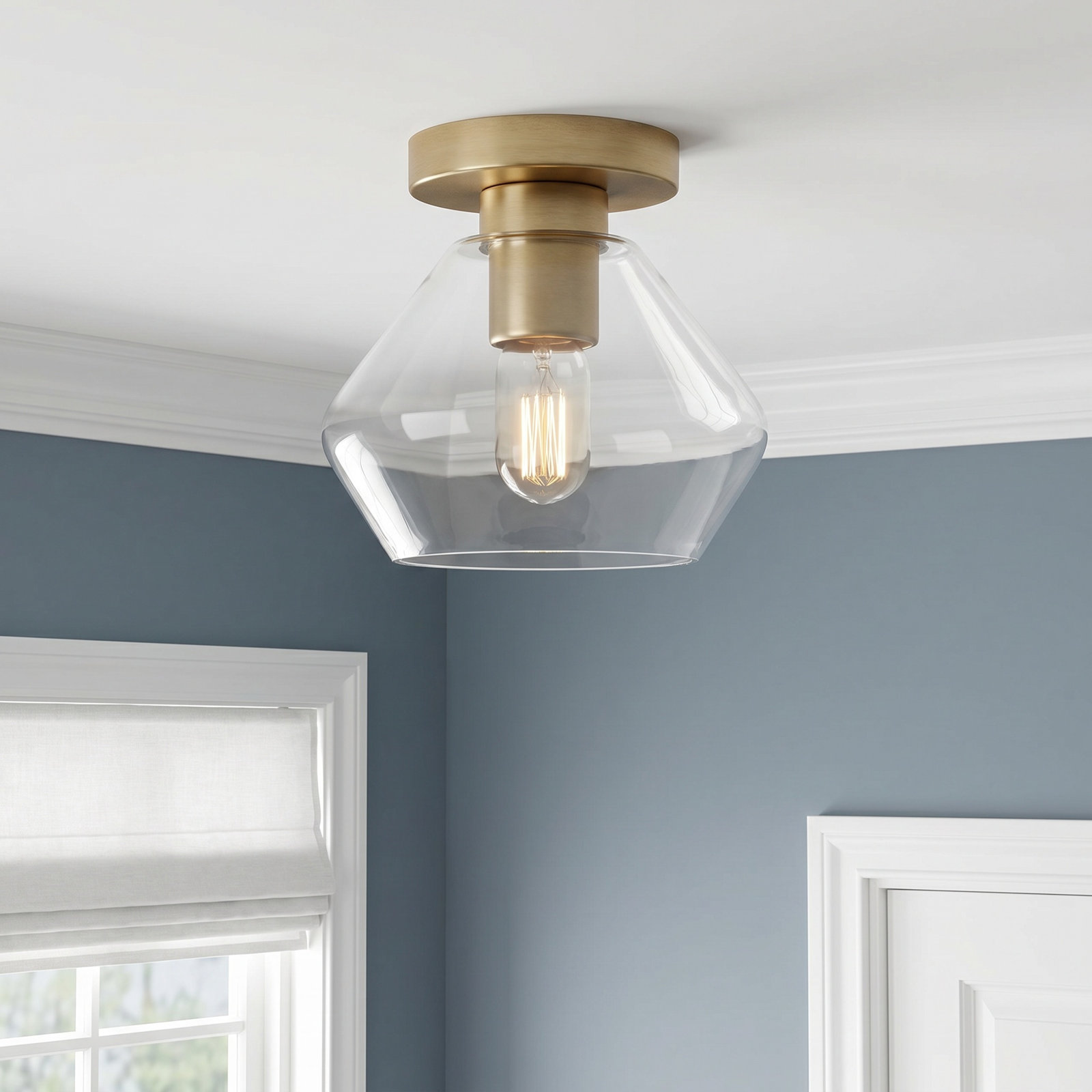 Rooks Glass Semi Flush Mount, Satin Brass