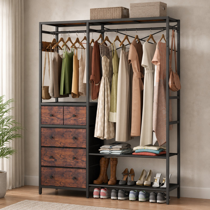 Système d'organisation sur pied l 59 po avec 5 tiroirs en tissu, 2 tringles de suspension, tablettes et crochets
