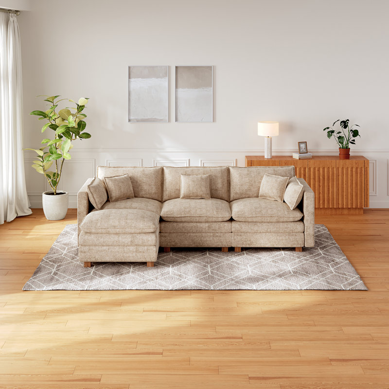 112.2" Chenille Upholstered Sofa with Ottoman, Cloud-Like Modular Sectional Couch with Wooden Legs, Coffee
