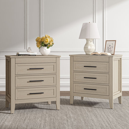 Giordana 28"W Transitional 3-Drawer Nightstand with  Hidden Pull-out Drawer and Built-In Power Outlet(Set of 2)
