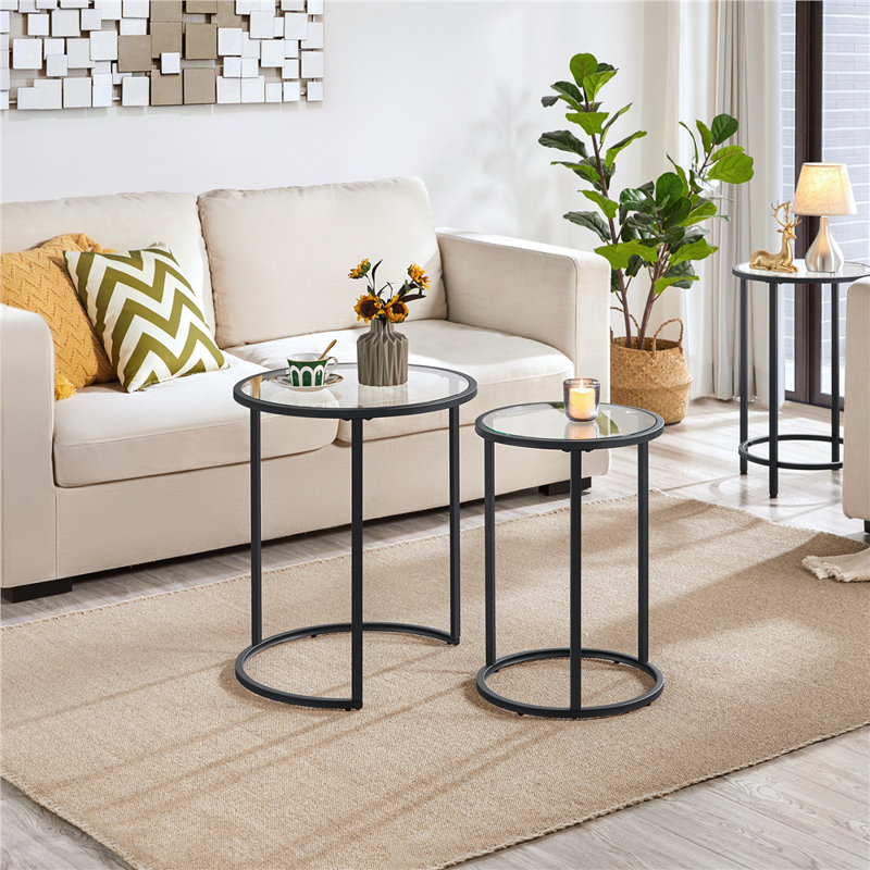 Baina 23.5"H Round Nesting End Table Set with Metal Frame, Black