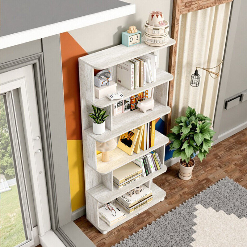 Bibliothèque à 5 niveaux en bois d'ingénierie, grandes tablettes de présentation 64,56 ", Gris clair