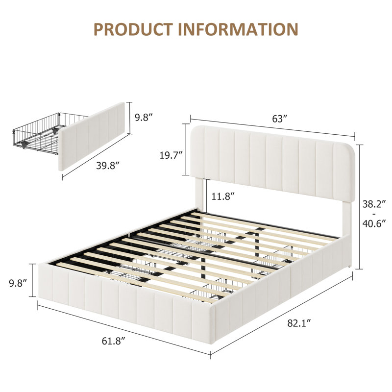 Queen Bed Frame with Storage Drawers - Velvet Upholstered Platform Bed Frame with Adjustable Headboard, Wood Slats Support, No Box Spring Needed, Easy Assembly, Beige