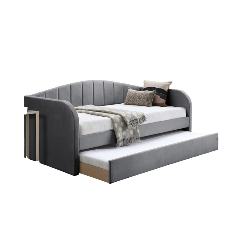 Mobilier de chambre à coucher de style moderne avec lit gigogne en lattes de velours au fini gris, Gris