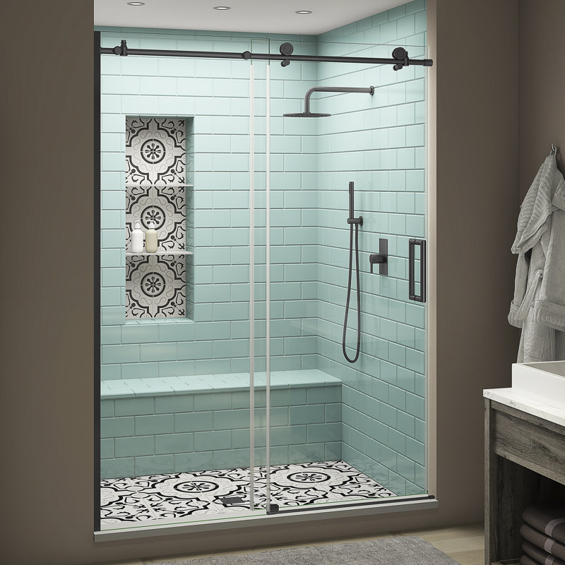 Coraline XL 56" W x 80" H Single Sliding Frameless Shower Door, Right Opening, Black