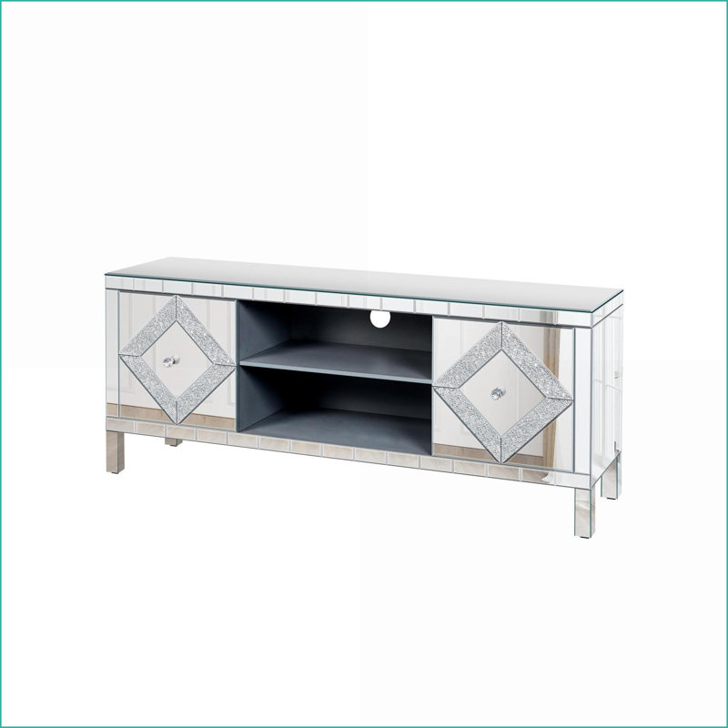 Console de meuble télé 47 po avec portes en verre diamant, rangement ouvert, ajustement télé 50 po | Bois massif + panneau de fibres à densité moyenne + verre | Antique