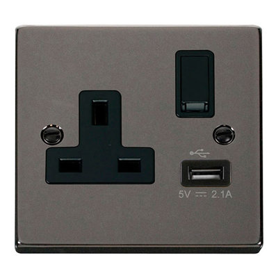 Black Nickel 1 Gang 13A DP 1 USB Switched Plug Socket
