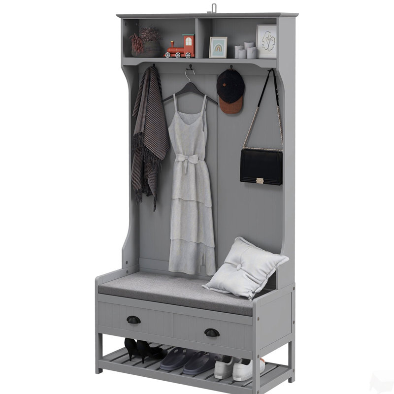 3-in-1 Hall Tree, Entryway Bench with Coat Rack, Mudroom Bench with Shoe Rack, 2 Storage Drawers, 4 Hooks and Padded Seat Cushions for Hallway, Gray