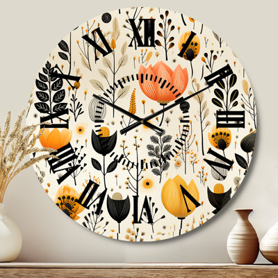 Beige Bohemian Bliss Floral Pattern - Floral Black Face Wall Clock