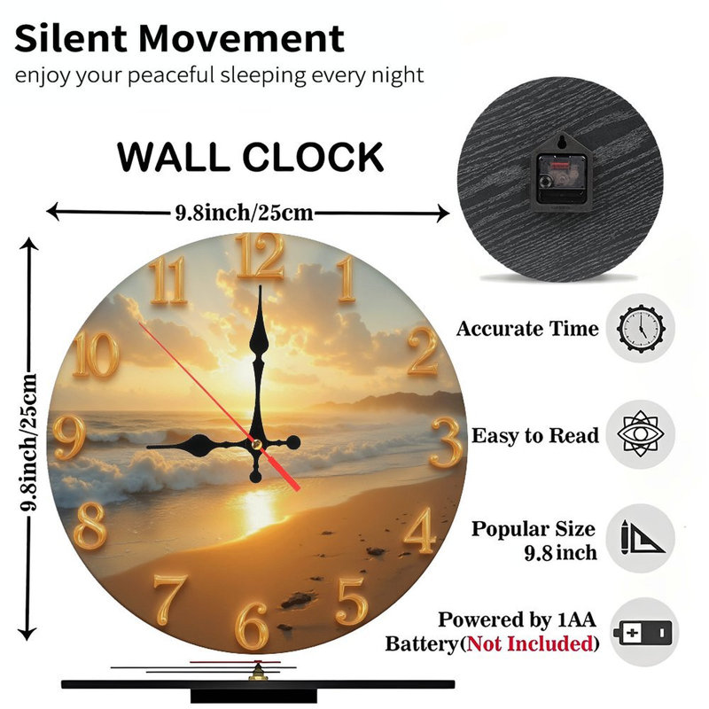 Horloge murale plage coucher de soleil océan décor doré