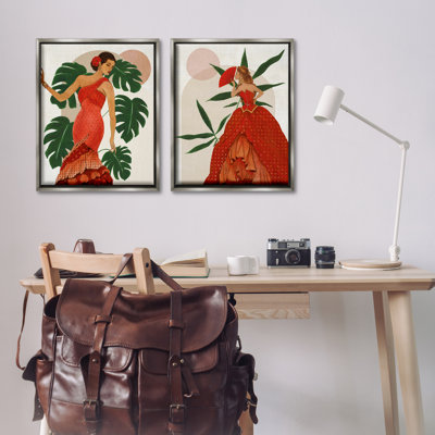  Tropical Fashionistas in Red 2 PC Framed Floater Canvas Set by Janet Tava