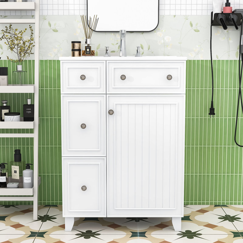 Compact 24-Inch Bathroom Vanity Cabinet with Ceramic Sink, White, Silver