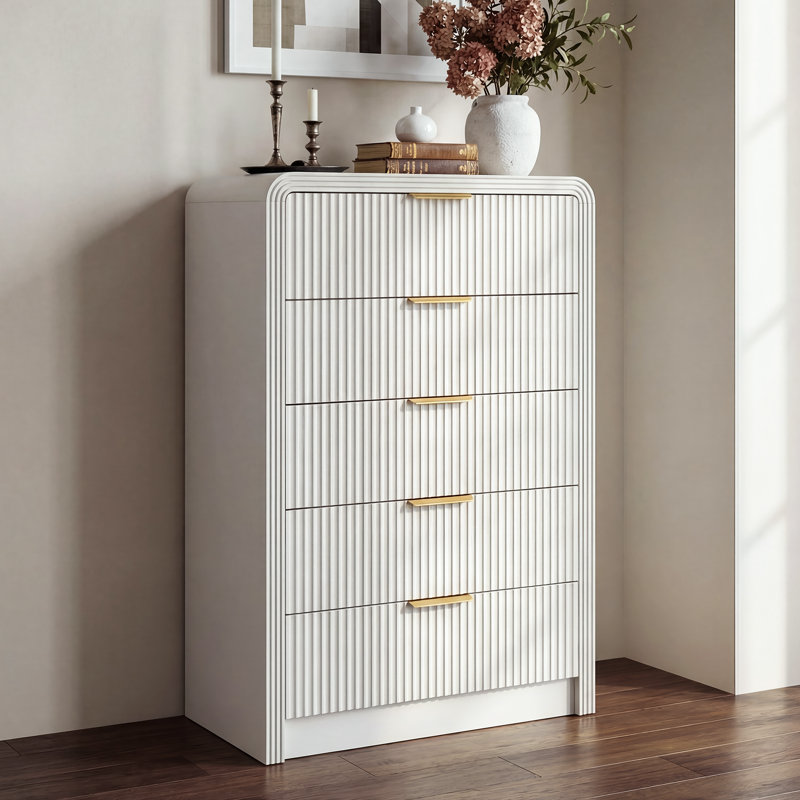 5-Drawer Fluted Dresser, 48'' H Modern Chest With Rounded Edges And Metal Handles, White, White