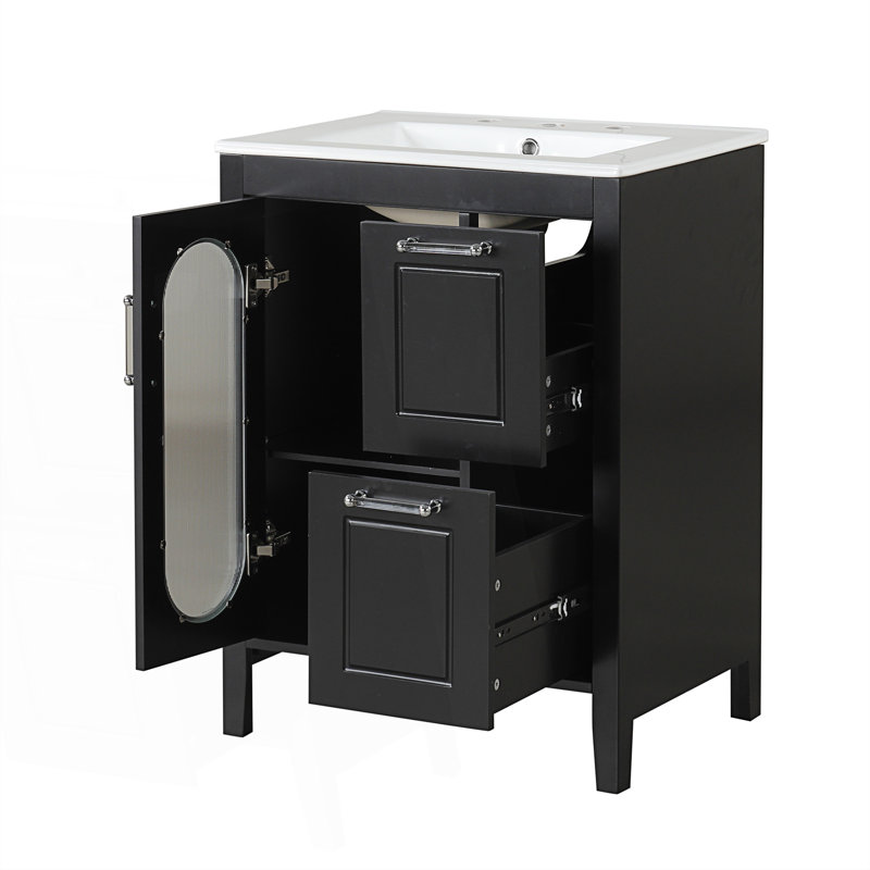Meuble-lavabo avec lavabo, meuble-lavabo avec deux tiroirs et porte, Noir