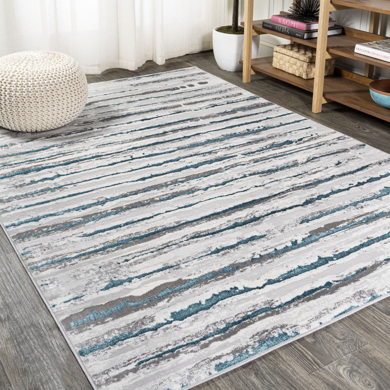Batten Modern Stripe Gray/Turquoise Rug, Rectangle 7'8" x 10'