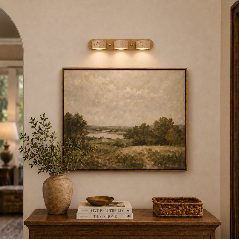Applique murale de salle de bain en travertin naturel à 3 lumières, avec 3 températures de couleur et abat-jour orientables à 350 °